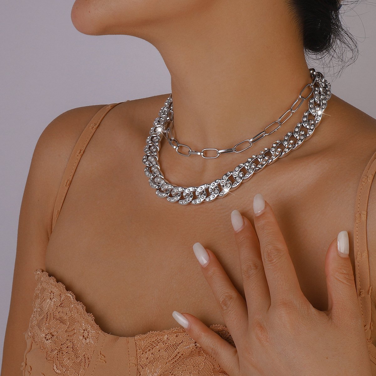 N137 Hip Hop Exaggerated Stacked Necklace Metal Cuban Chain Rhinestone Necklace Dinner Show Necklace