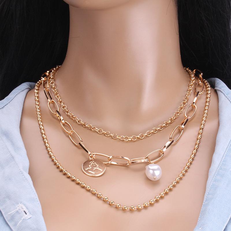 Fashion special-shaped pearl portrait coin decoration ins cold temperament double-layer set chain