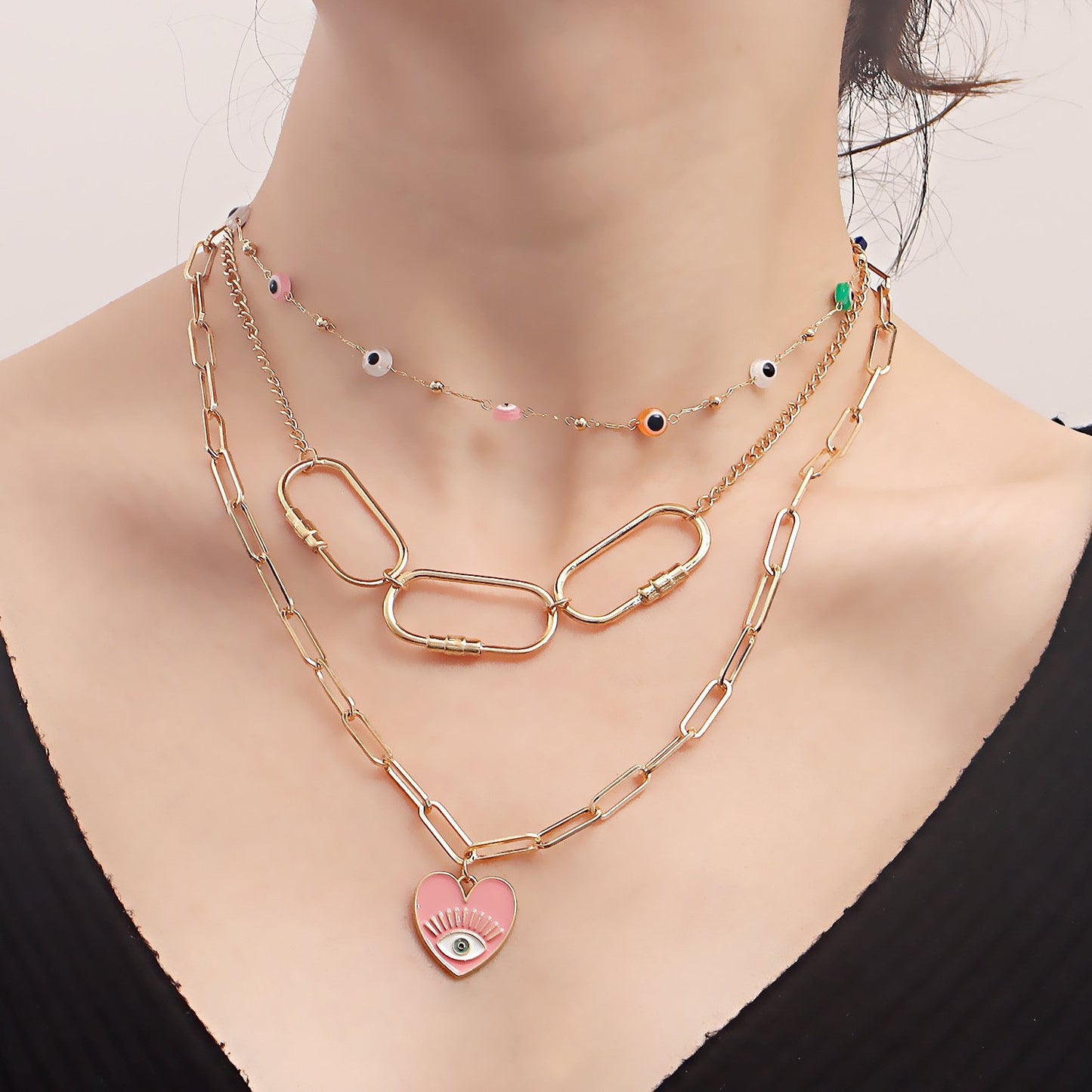 Jewelry trendy multi-layer colorful devil's eye pink love eye pendant necklace female