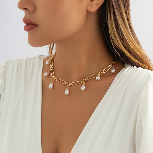 Jewelry Versatile Water Drop Imitation Pearl Necklace Clavicle Chain Metal Geometric Chain Simple Necklace