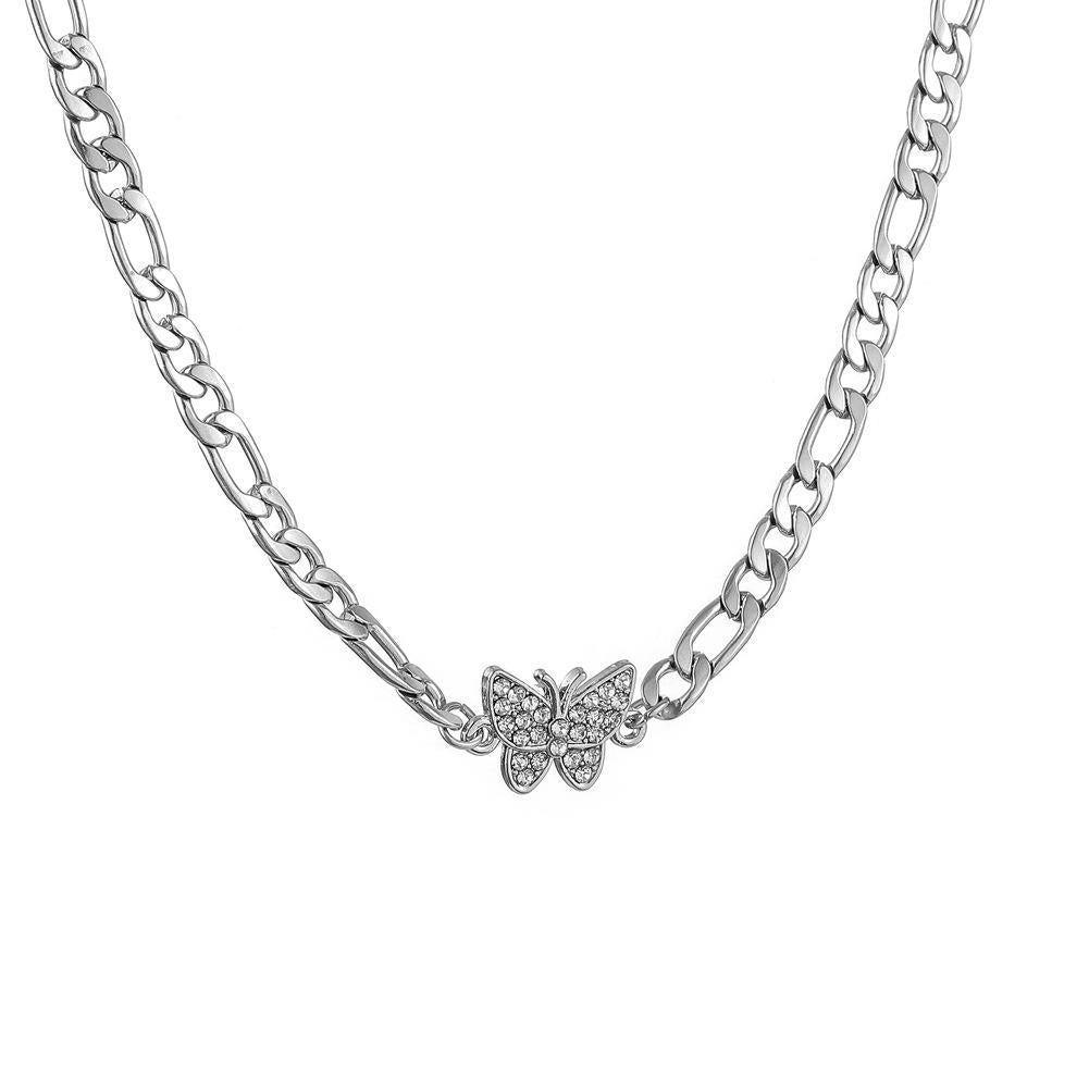 Full diamond stainless steel non-fading butterfly necklace cold titanium steel necklace net red collarbone chain jewelry female