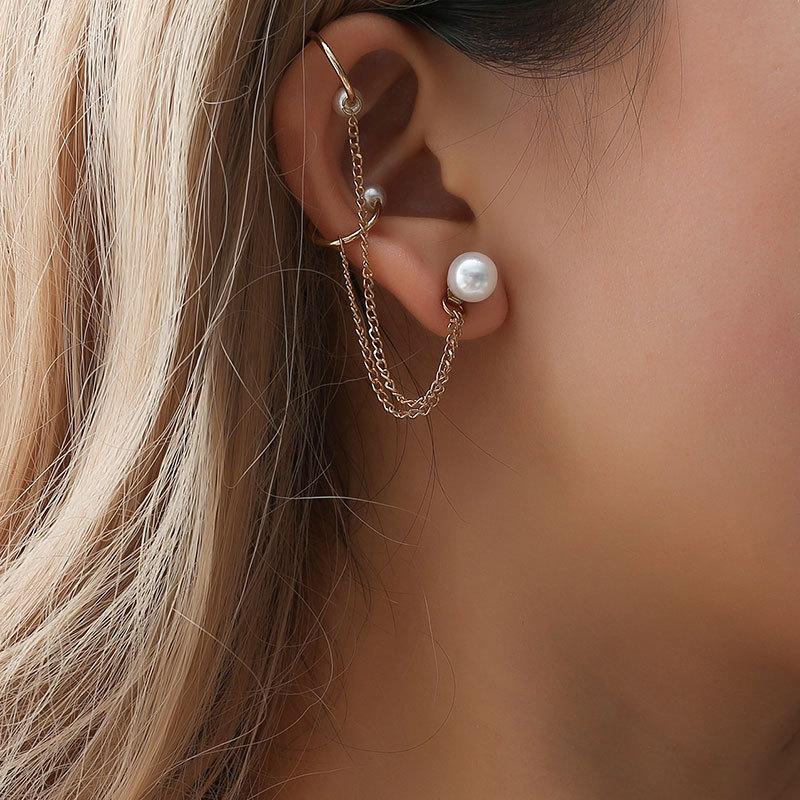 Personality fashion celebrity pearl ear bone clip ear buckle ear clip tassel chain single ear stud earrings female