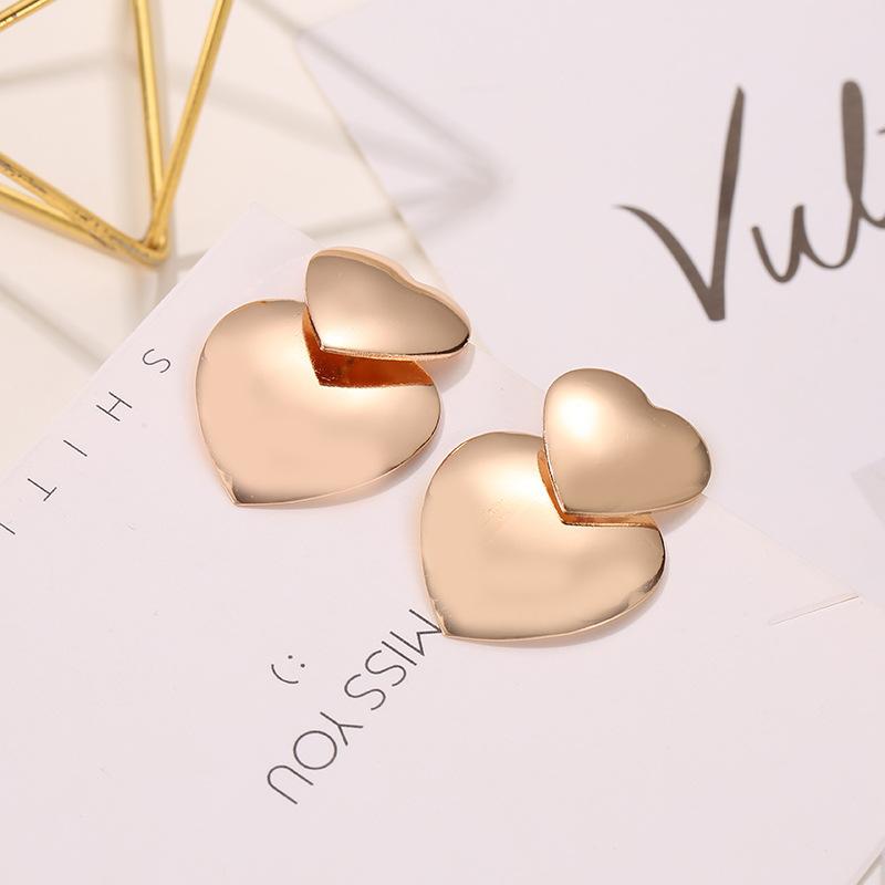 Fashion simple mirror love earrings female cold exaggerated metal sweet double heart earrings earrings