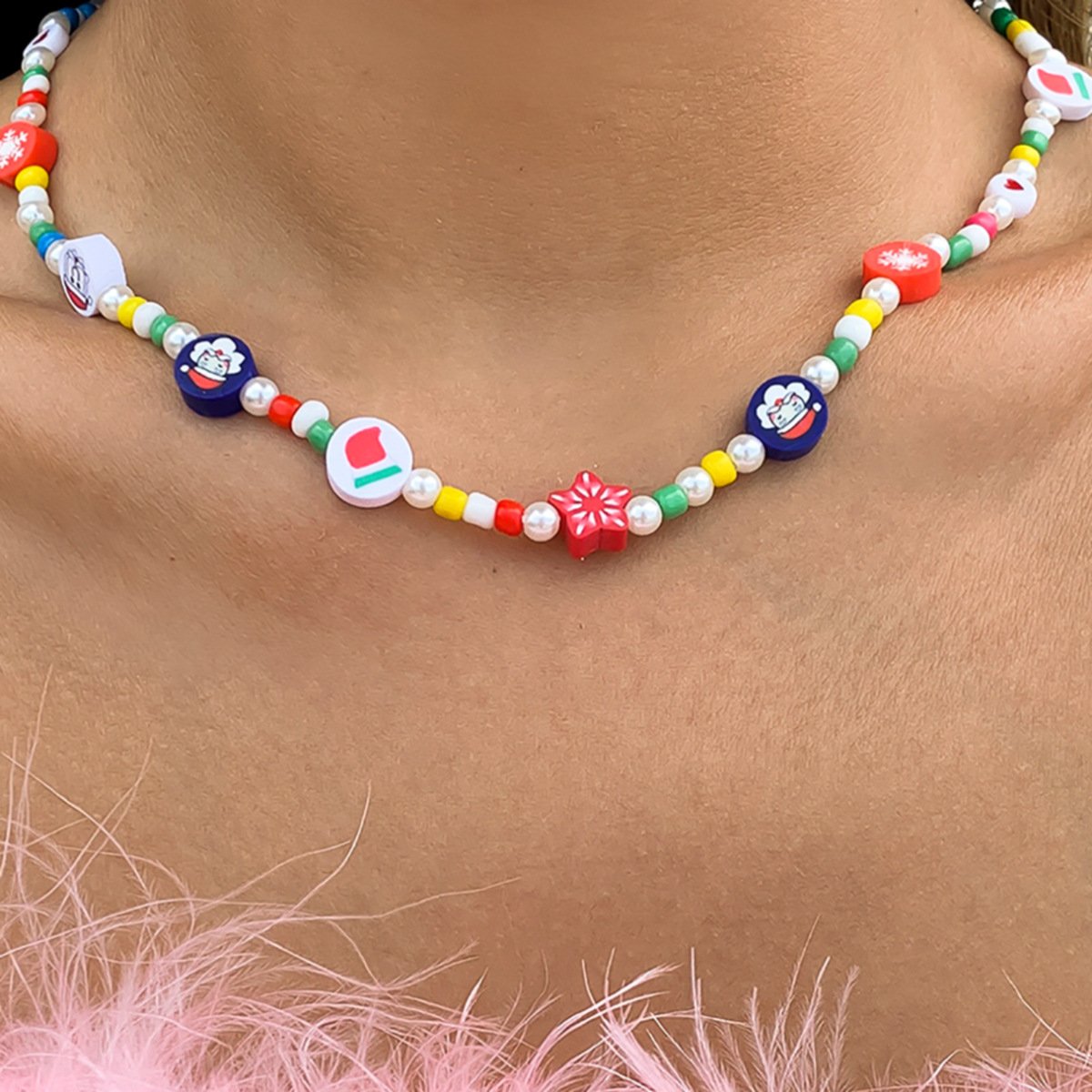 Creative color Christmas funny imitation pearl necklace jewelry soft pottery pattern beaded necklace female