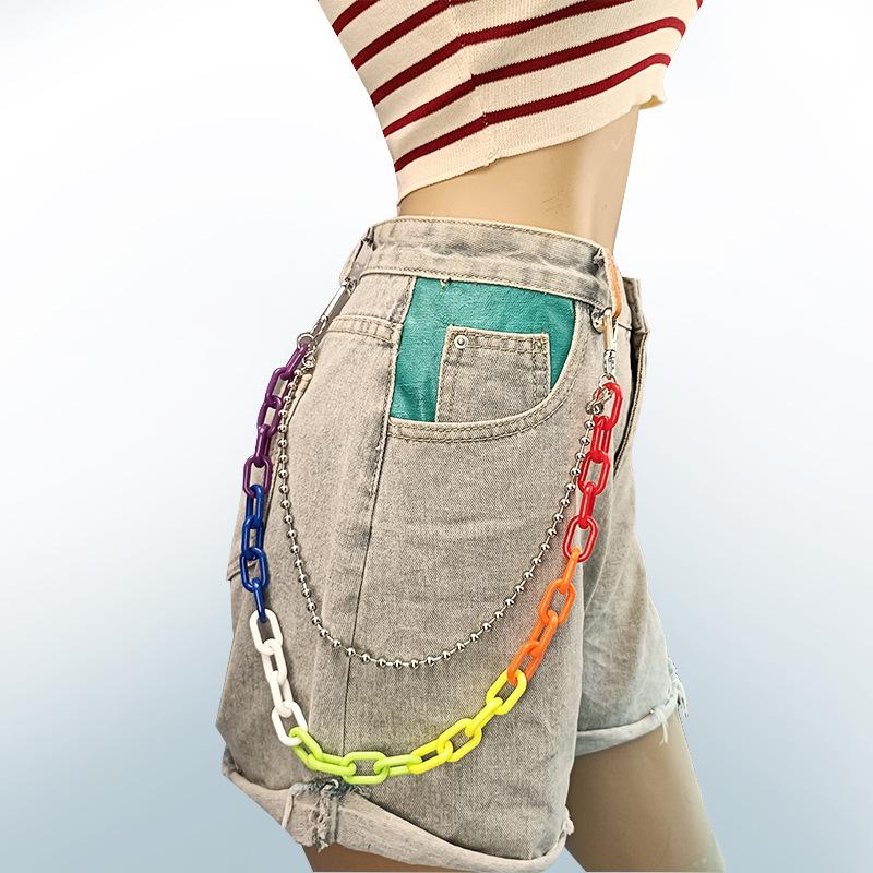 Fashion Rainbow Candy Color Resin Metal Chain Punk Hip Hop Double Pants Chain