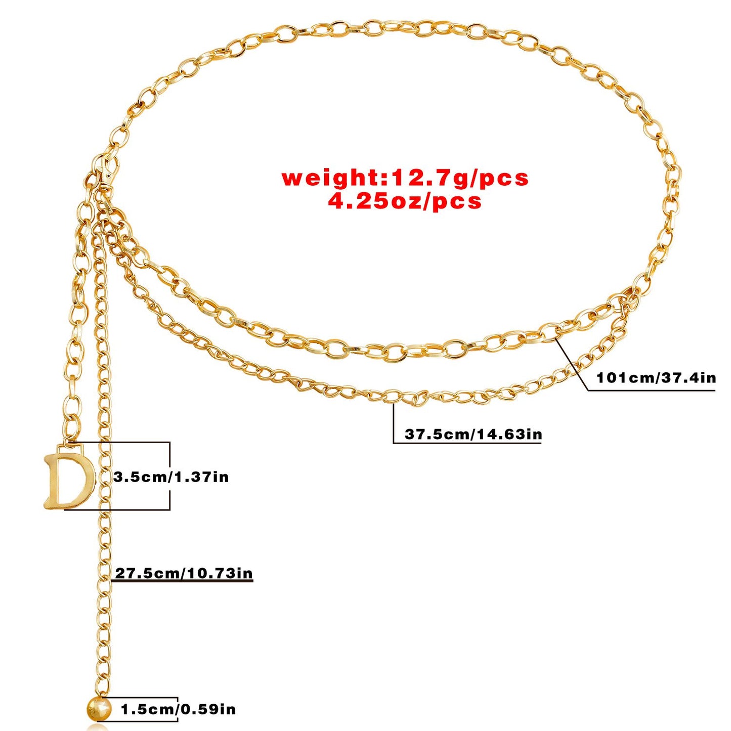 Jewelry double texture thick chain letter D pendant waist chain female ins dress body accessories