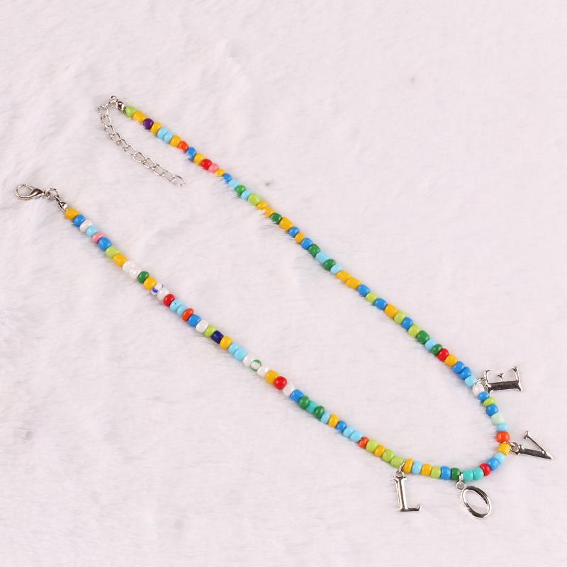 Small Fresh Alphabet Necklace Female Bohemian Handmade Colorful Rice Beads Clavicle Chain