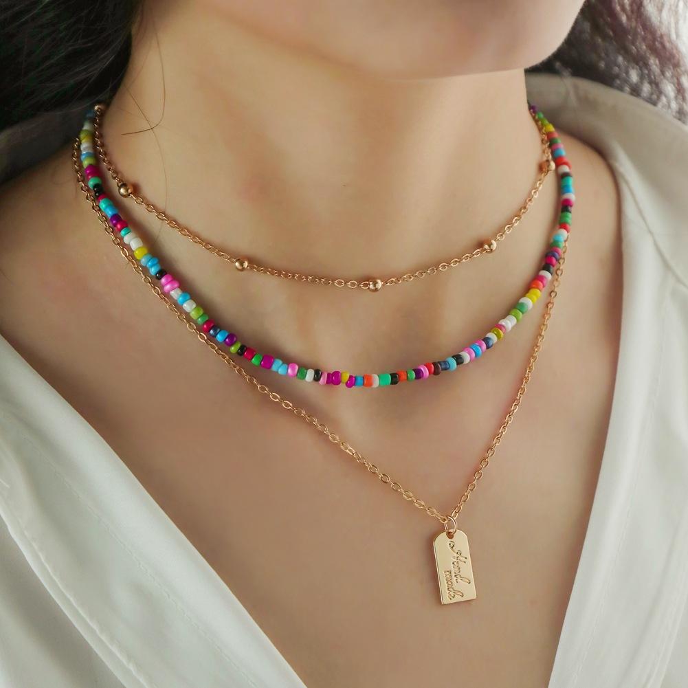 Bohemian Multi-layer Fashion Colorful Rice Beads Metal Pendant Necklace Women Jewelry