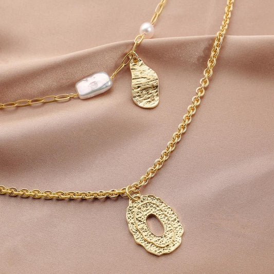 Fashion simple double-layer special-shaped hollow geometric pendant ins ladies pearl necklace clavicle chain