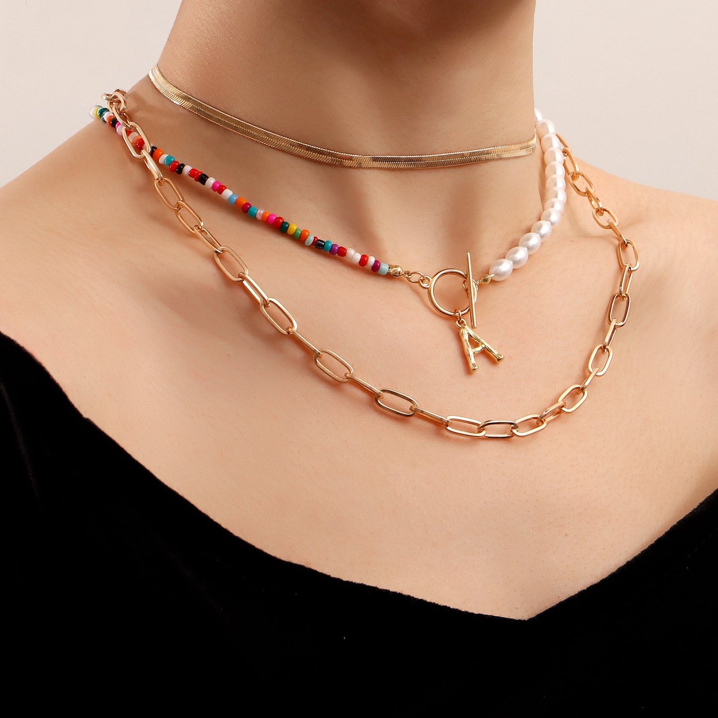 Accessories Bohemian imitation pearl rice bead fish line hand-woven necklace female flat snake chain ins