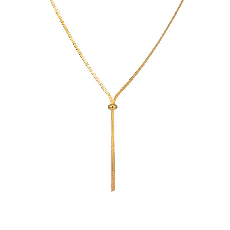 Adjustable pull rope blade chain titanium steel necklace simple round bead clavicle chain minimalist stainless steel long bead