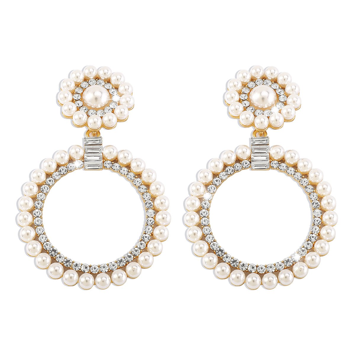 E1447 Exaggerated Circle Earrings Pearl Rhinestone Temperament Light Luxury Earrings Personality Lady Fashion Earrings