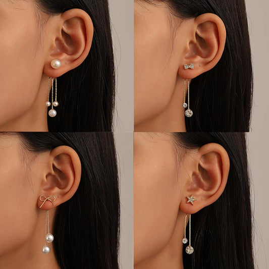 ins pearl tassel earrings women's French light luxury personality star bow earrings earrings earrings temperament earrings