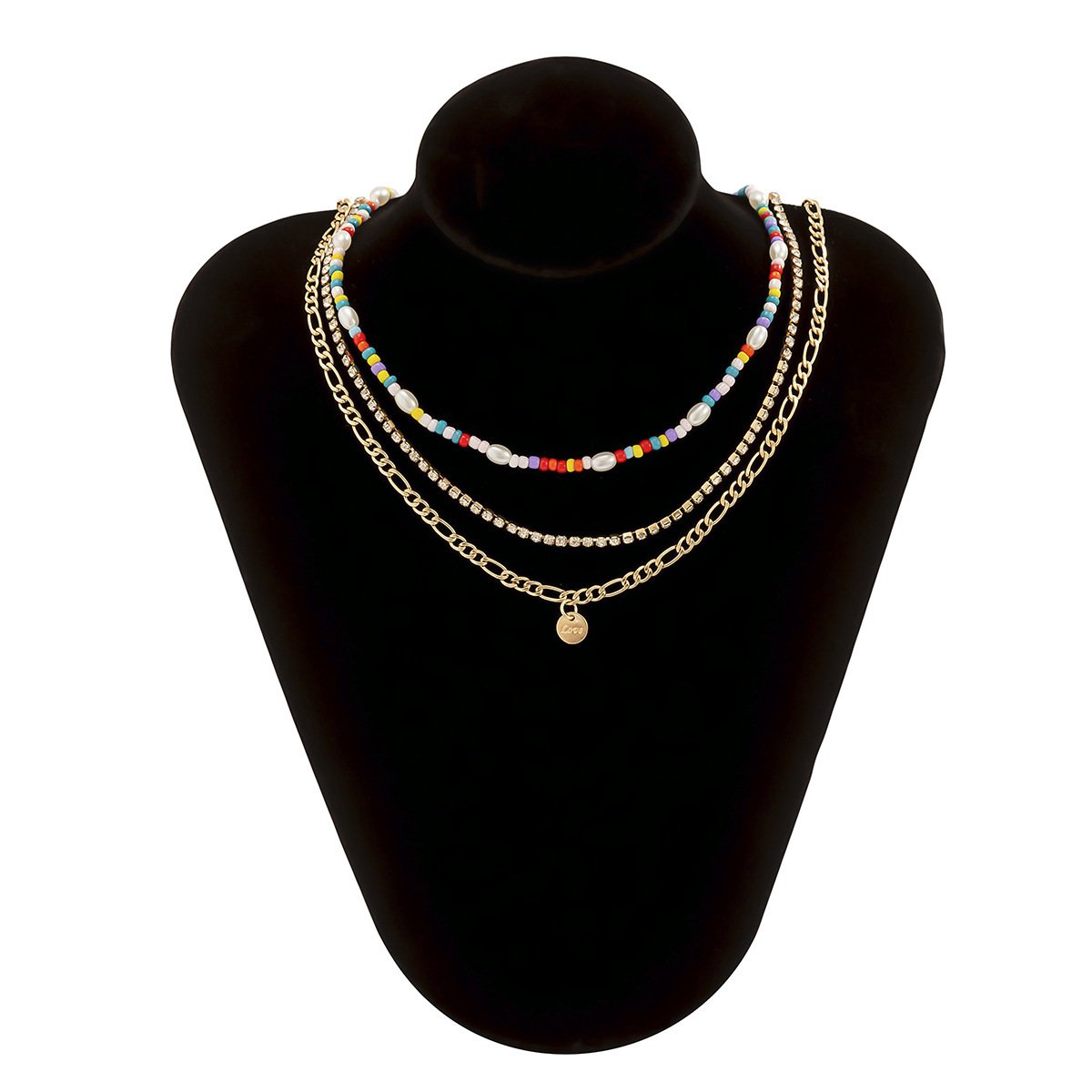 Jewelry Claw Chain Metal Alphabet Sequin Necklace Ethnic Color Rice Beads Imitation Pearl Multilayer Necklace