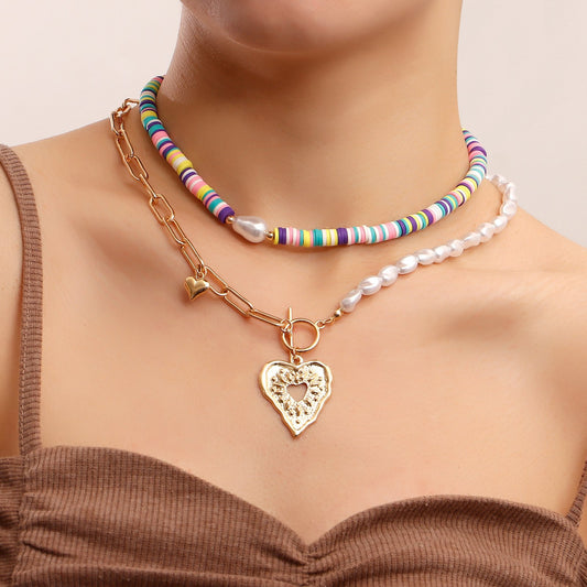Jewelry Bohemia colorful soft pottery piece imitation baroque pearl exaggerated love necklace necklace female