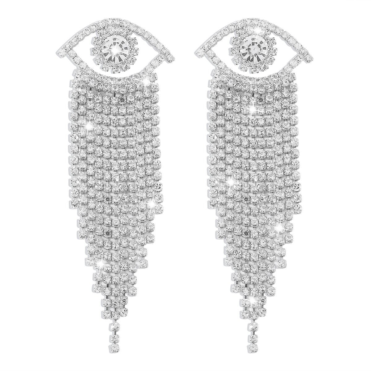 E1978 Long Exaggerated Geometric Tassel Rhinestone Earrings Creative Angel Eye Rhinestone Personality Earrings