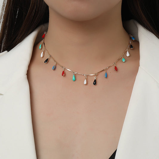 Jewelry Drop Glaze Gem Water Drop Pendant Necklace Female Hip Hop Fashion Trend Colorful Short Money Jewelry