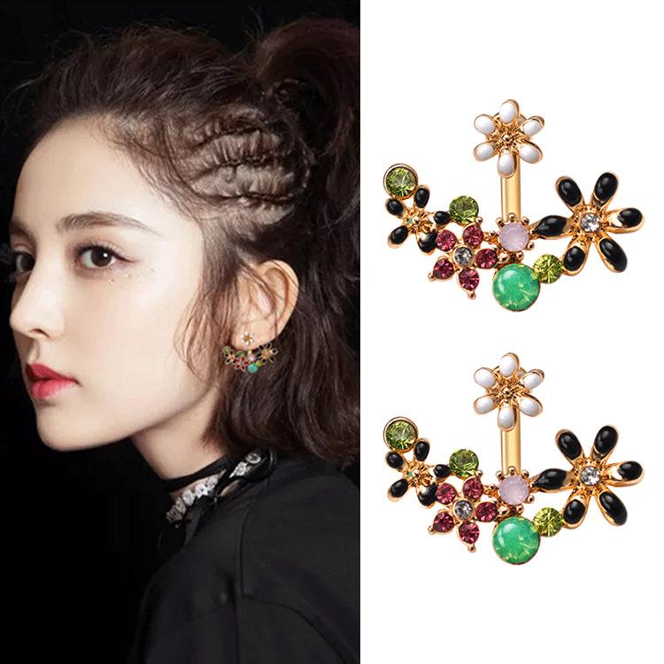 Sweet Ruili flower rhinestone back hanging earrings femininity pastoral fresh accessories jewelry earrings