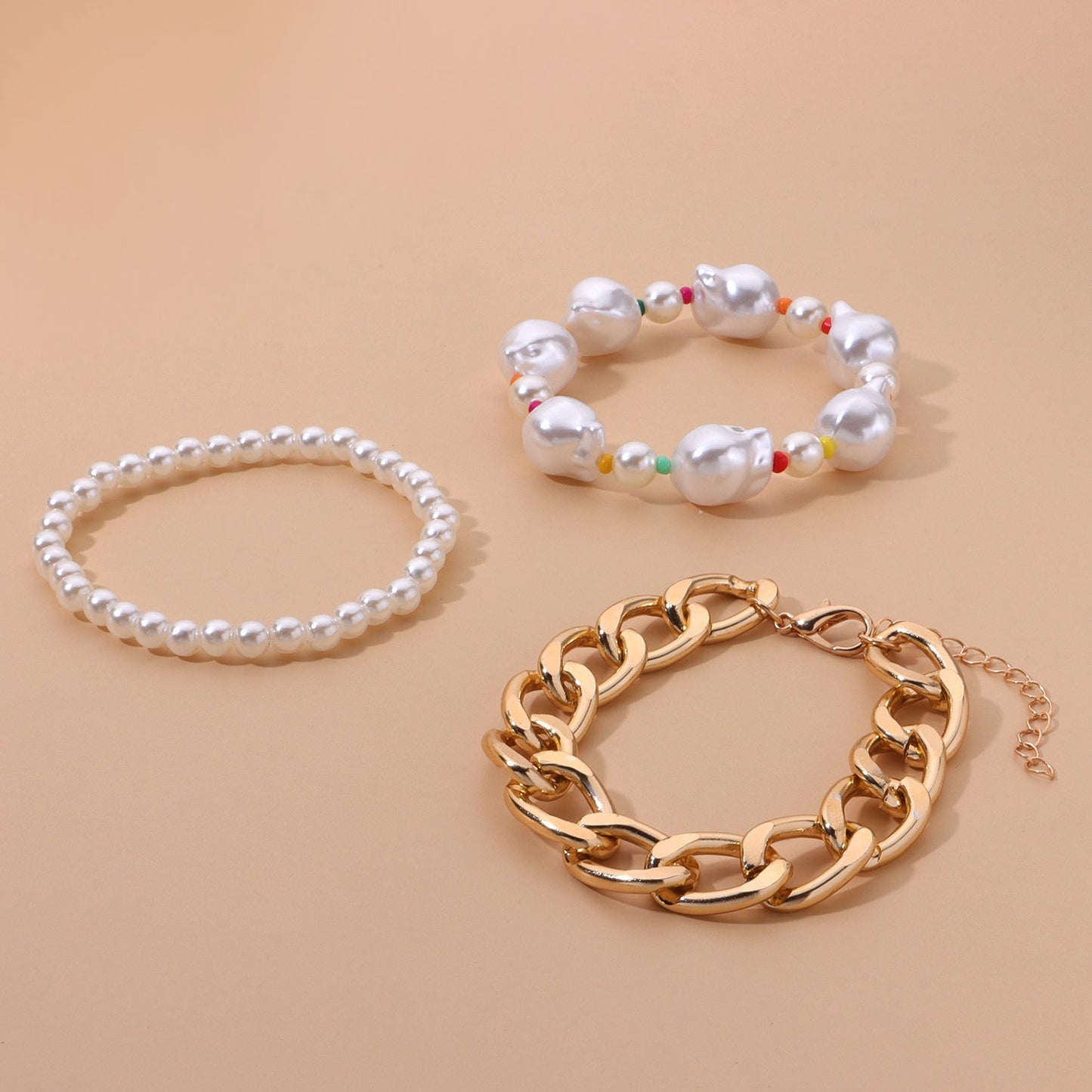 Jewelry Exaggerated Large Irregular Pearl Bracelet Female Fashion Punk Aluminum Chain Jewelry Three-piece Set