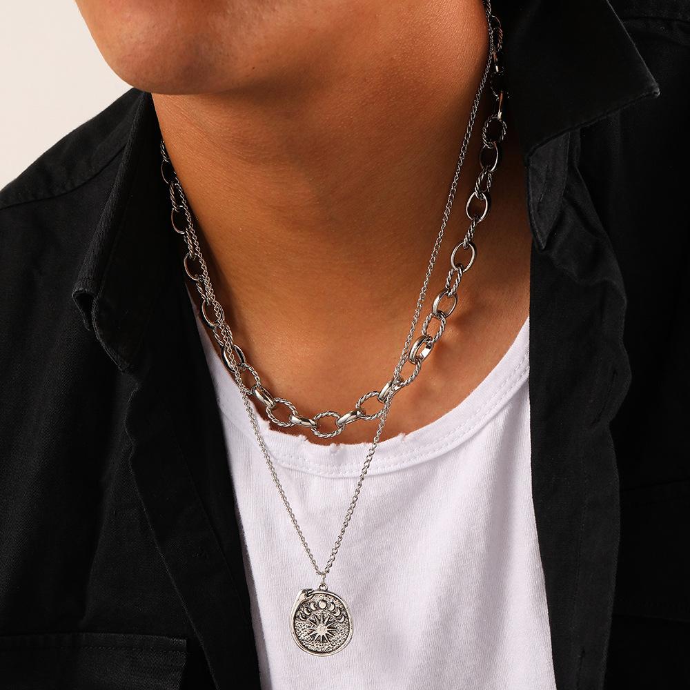 Men's personalized fashion simple double-layer niche design high-end sun moon eclipse snake coin pendant necklace
