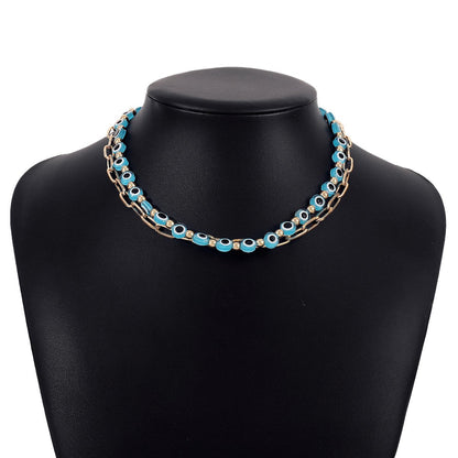 N179 Bohemian Double Layer Necklace Devil's Eye Beaded Creative Necklace Punk Trendy Women's Necklace