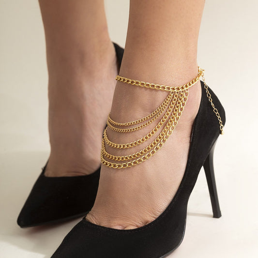 Hip-hop personality multi-layer metal chain instep chain foot decoration trendy street shooting geometric tassel anklet