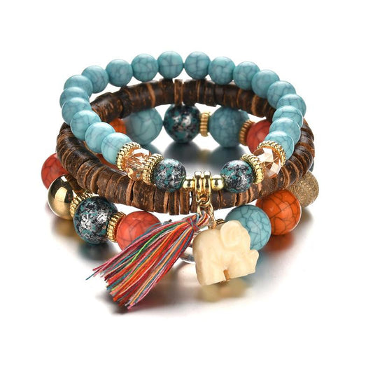 Bohemian trend simple elephant tassel wooden beads multi-layer temperament bracelet bracelet jewelry