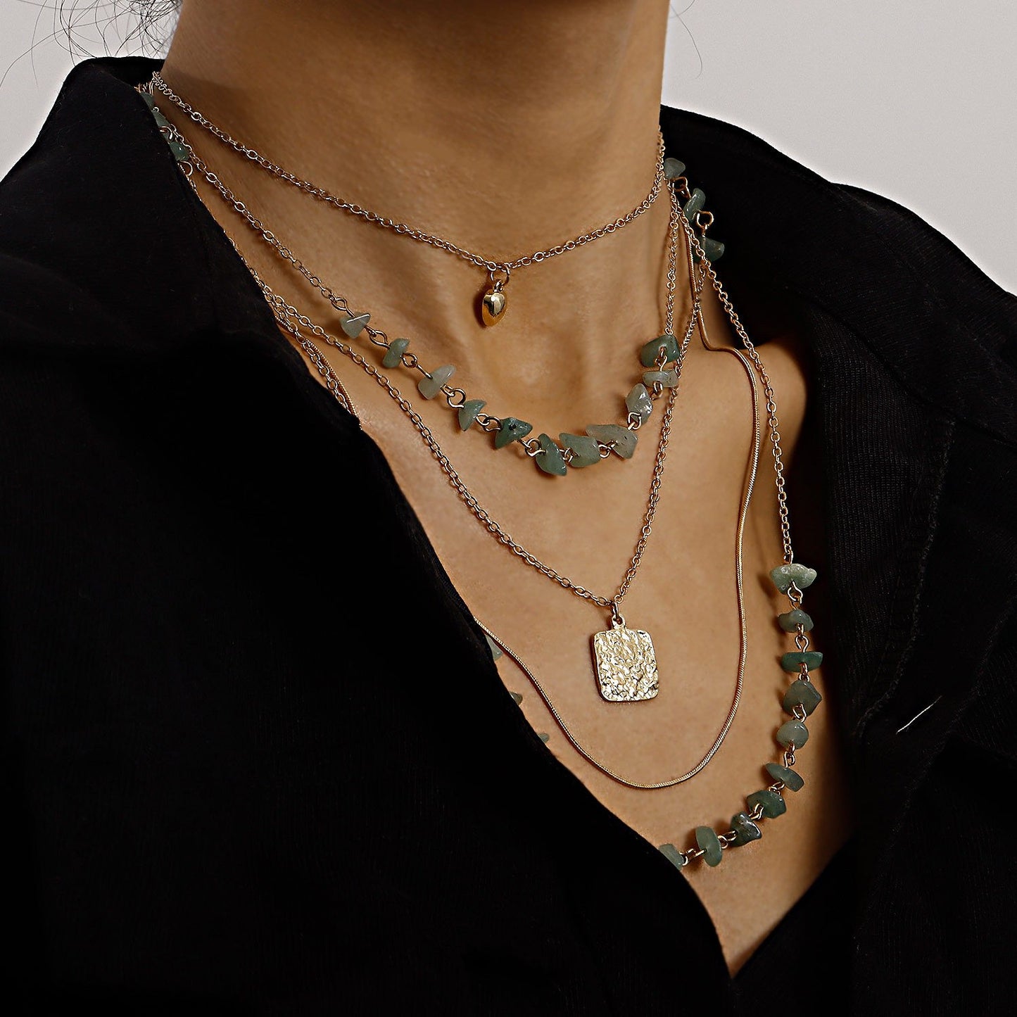 Jewelry retro stacked multi-layer small hole chain turquoise square piece mini love pendant necklace female