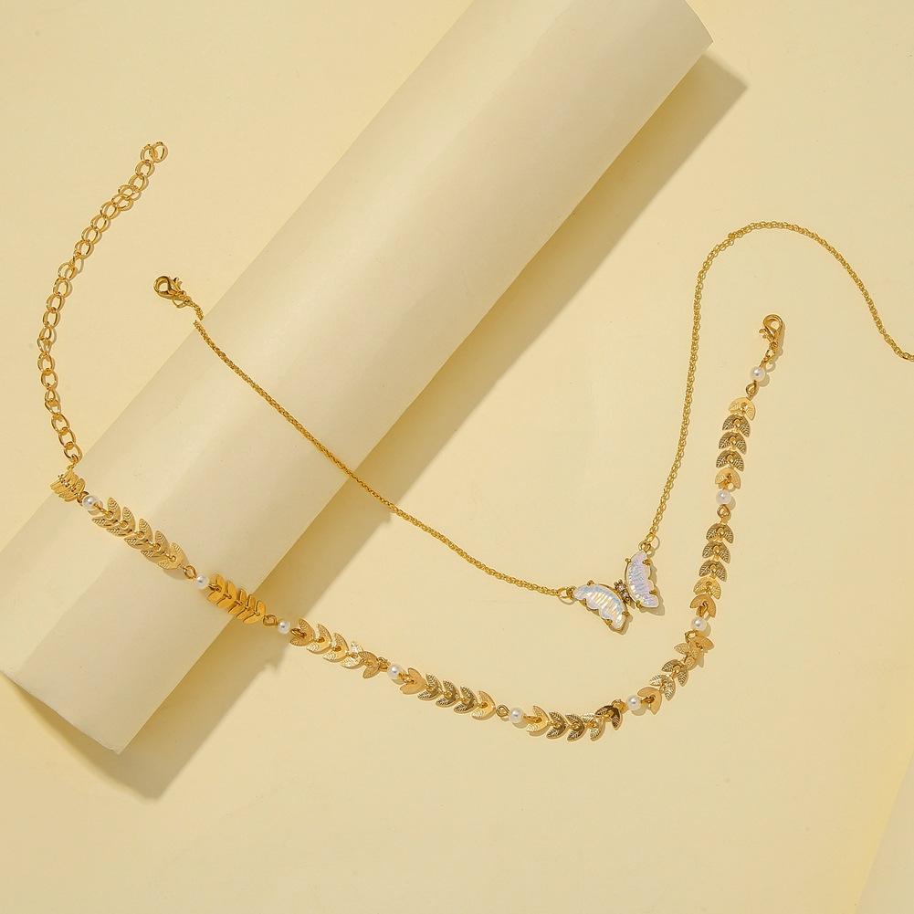 Temperament pearl wheat ear double-layer clavicle chain stainless steel gold-plated color shellfish butterfly titanium steel pendant necklace jewelry