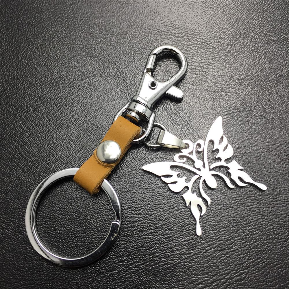 Men and Women Jewelry Titanium Steel Pendant Stainless Steel Hollow Butterfly Pendant Leather Keychain