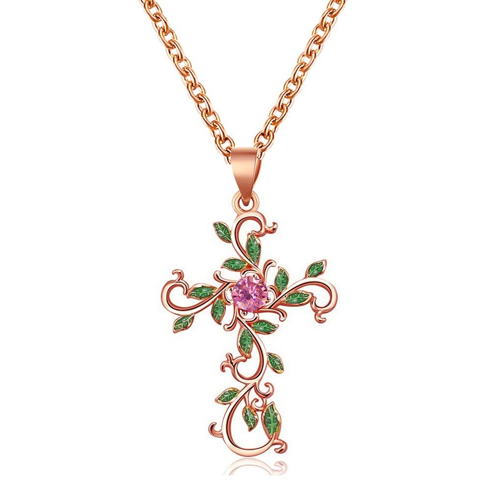 Personality Flower Cross Necklace Fashion Temperament Diamond-studded Leaf Clavicle Chain Simple Necklace Female