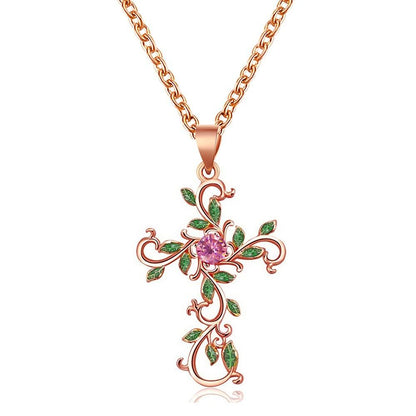 Personality Flower Cross Necklace Fashion Temperament Diamond-studded Leaf Clavicle Chain Simple Necklace Female