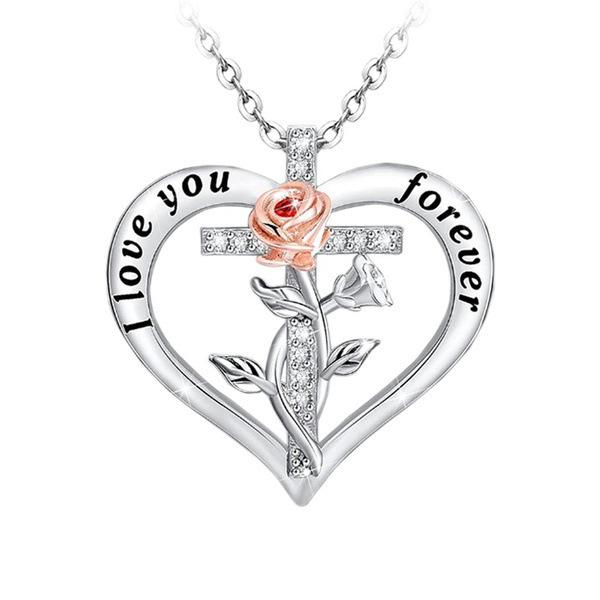 Explosive jewelry fashion simple heart-shaped cross two-color rose diamond necklace for ladies