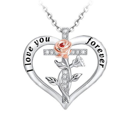 Explosive jewelry fashion simple heart-shaped cross two-color rose diamond necklace for ladies