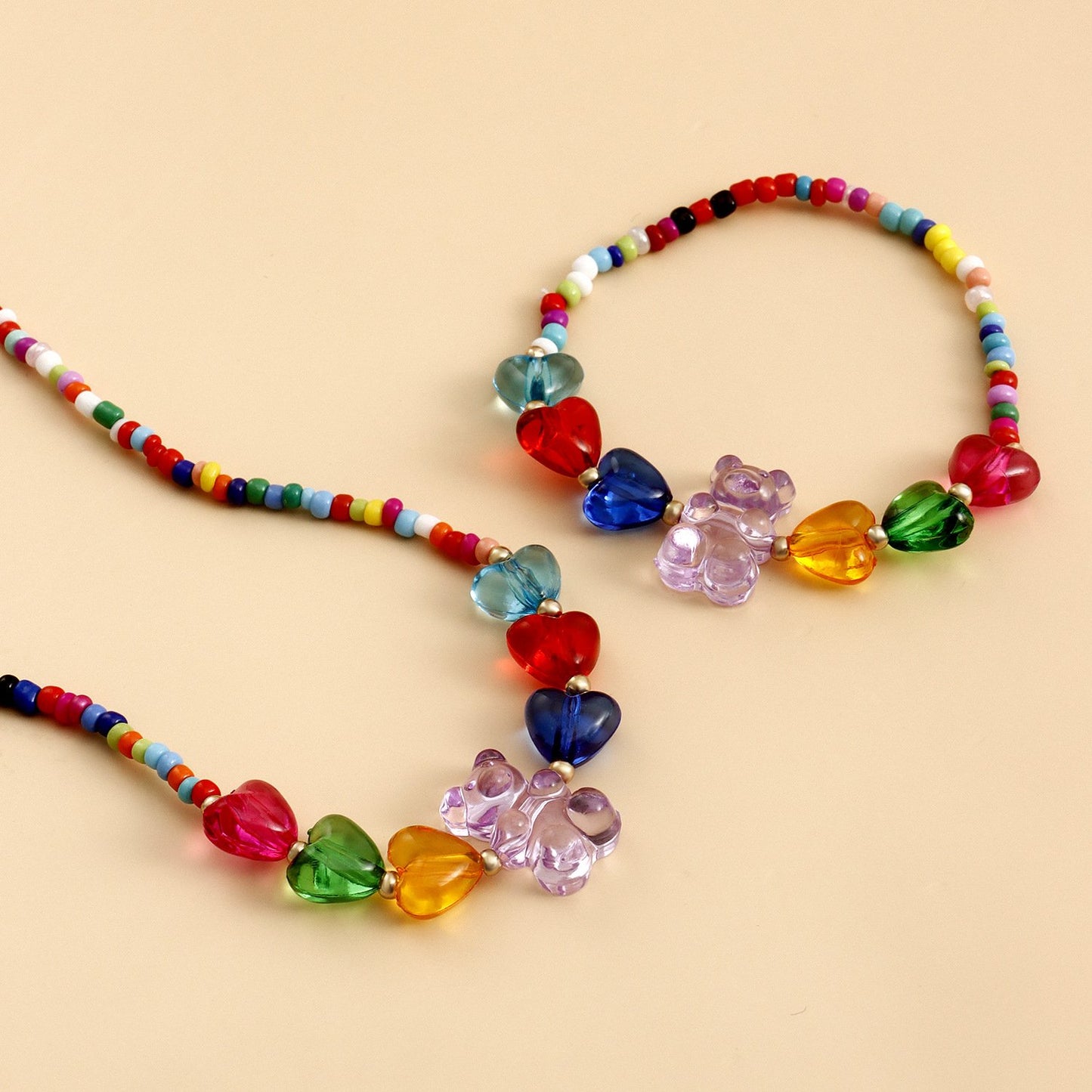 Jewelry Bohemian Mixed Color Rice Beads Colorful Heart Bear Necklace Bracelet Set Cartoon Female