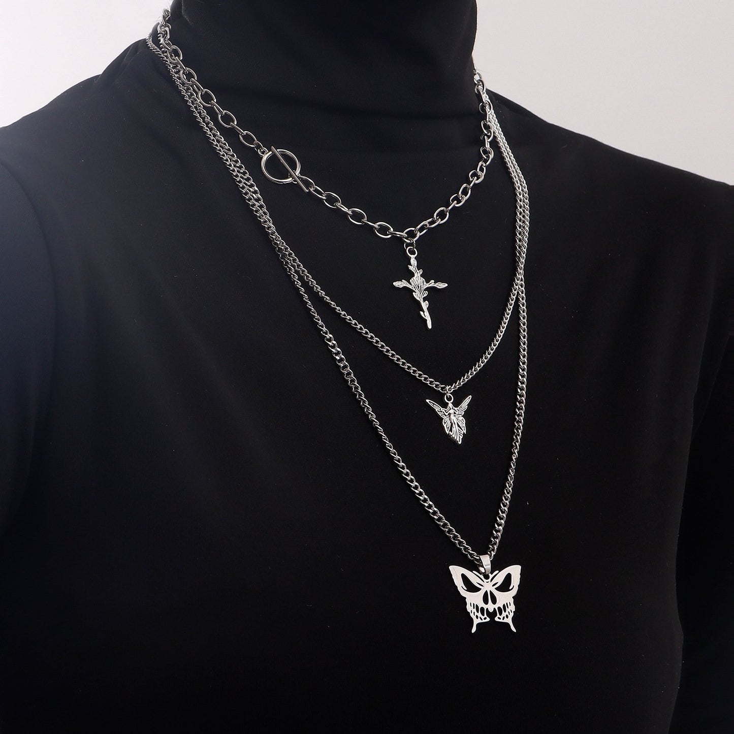 Jewelry Trend Multilayer Hollow Butterfly Rose Cross Sweater Necklace Female Necklace