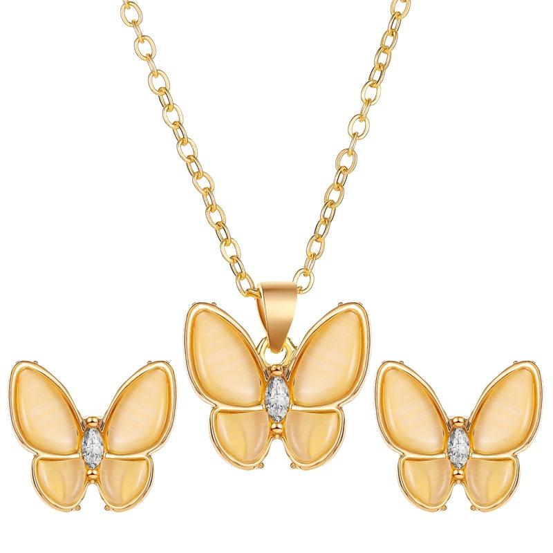 Set Jewelry Simple and Versatile Opal Butterfly Necklace Temperament Elegant White Fritillaria Butterfly Earrings