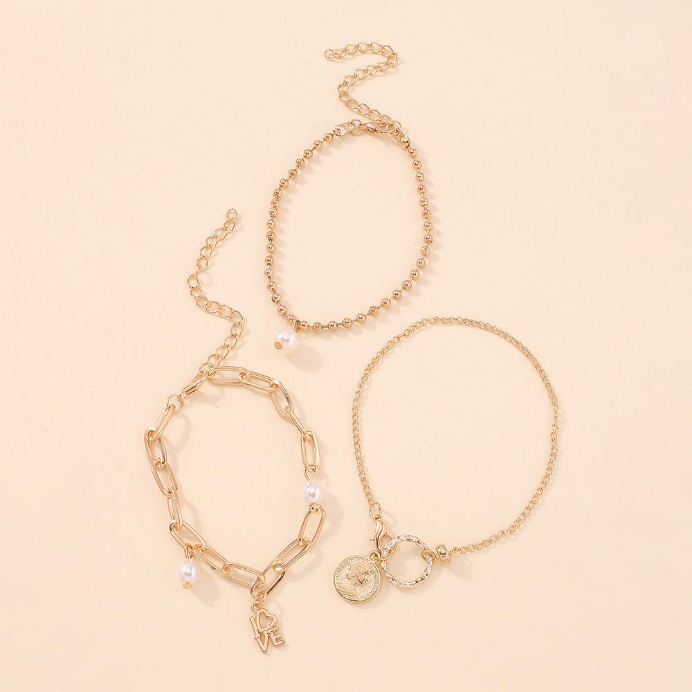 B1257 Fashion Jewelry Retro Alloy Pearl Hand Decoration Personality Simple Letter Bracelet Set