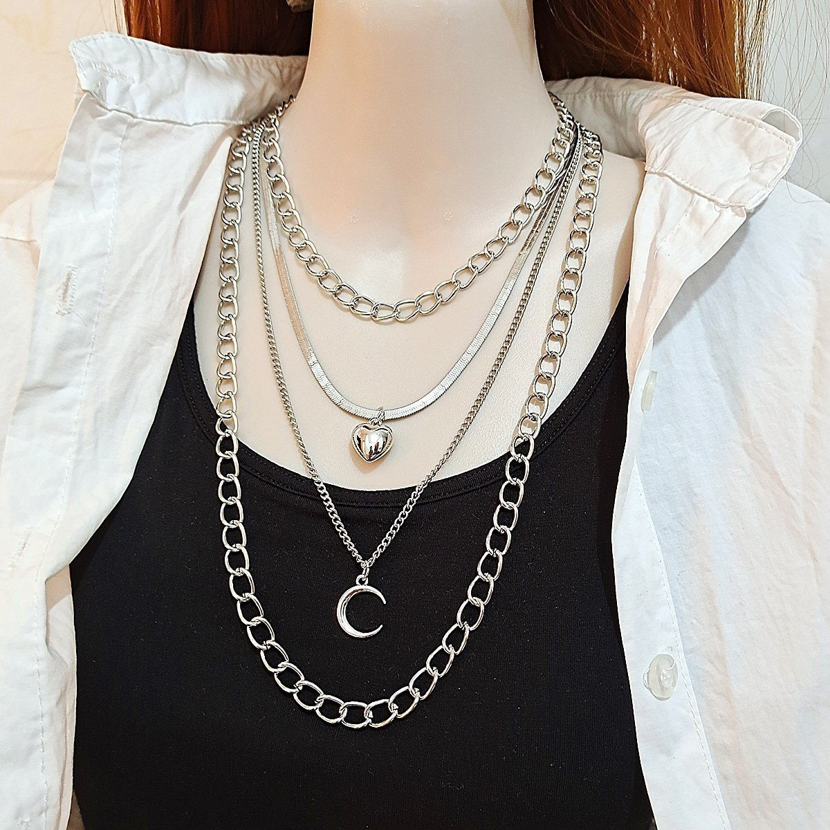 Jewelry multi-layer peach heart crescent necklace women's sweater chain detachable three-piece set chain
