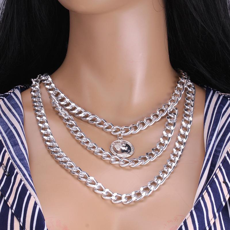 Simple Personality Portrait Round Card Coin Pendant Necklace Multi-layer Chain Fashion Trendy Necklace