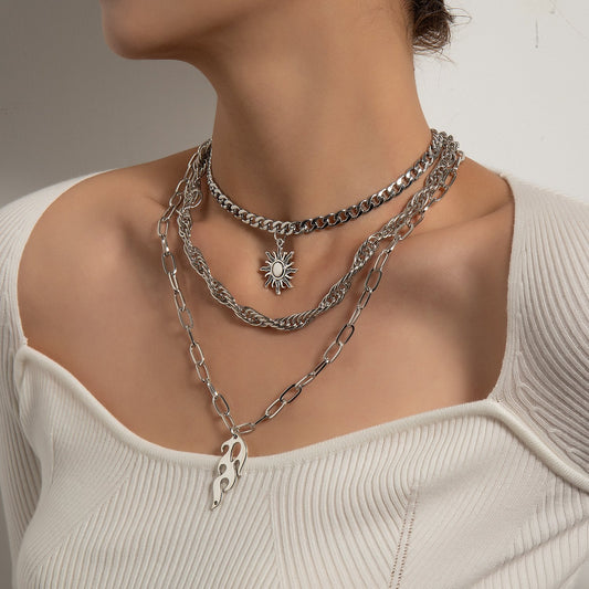 Jewelry Creative Personality Sun Flame Pendant Necklace Female Fashion Retro Versatile Multi-layered Necklace