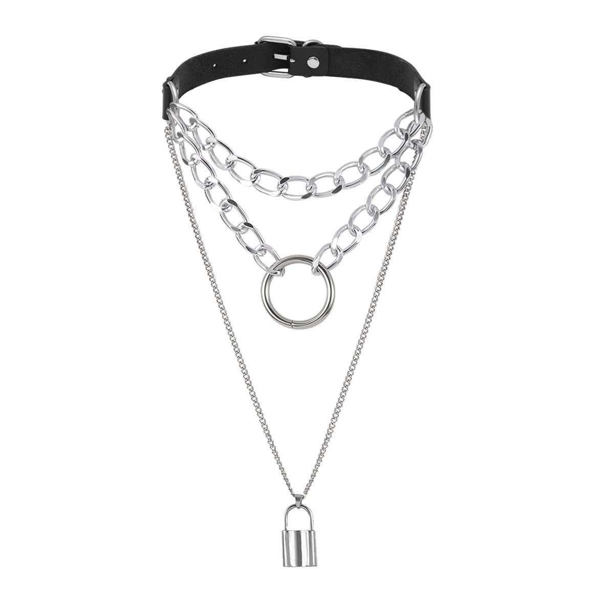 Jewelry personality exaggerated PU love necklace retro punk multi-layer chain geometric lock item