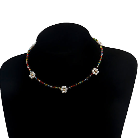 Jewelry Bohemian Colorful Transparent Rice Bead Necklace Imitation Pearl Woven Flower Necklace Necklace