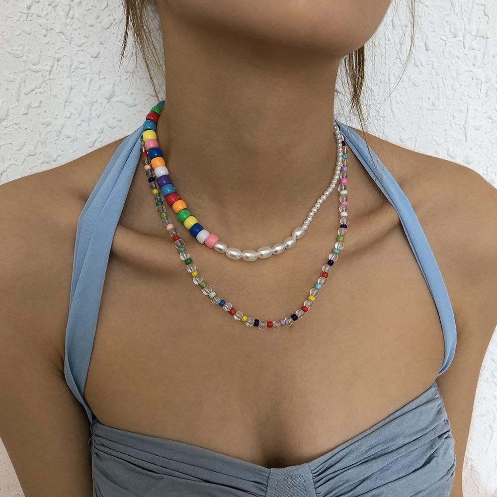 N9459 Bohemian Colorful Bead Necklace Imitation Pearl Resin Necklace Retro Hip Hop Double Layer Necklace for Women