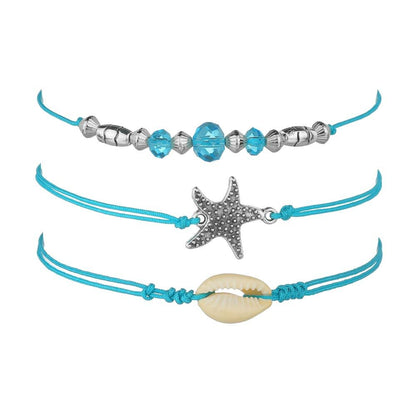 Anklet Creative Bohemian Starfish Shell Blue Bead Anklet Set Three-piece Set