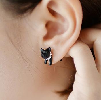 Harajuku three-dimensional pearl animal earrings little leopard cat piercing earrings ear clip jewelry