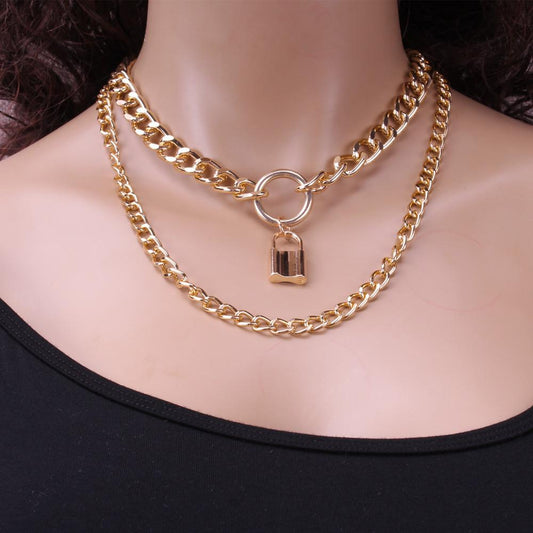 Jewelry autumn lock-shaped multi-layer alloy ring necklace creative simple chain necklace female