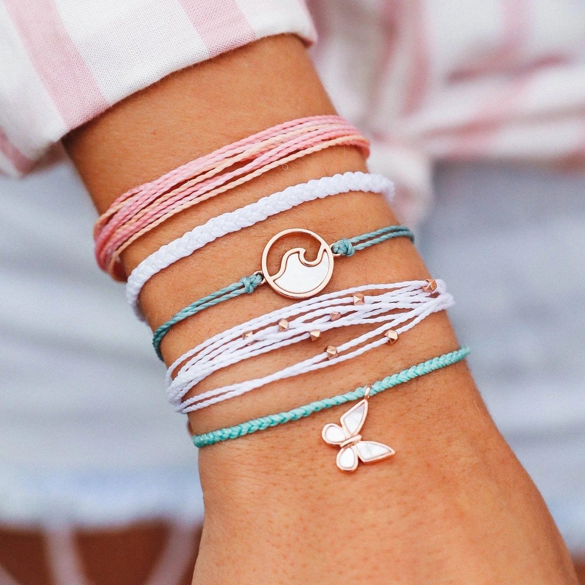 Summer Color Wax Thread Braided Bracelet Wave Butterfly Pendant Bracelet Friendship Bracelet Set