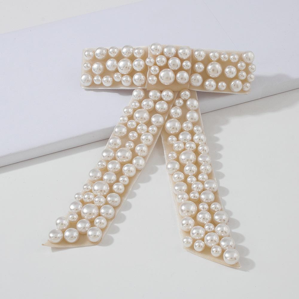 F3997 Temperament bow hairpin exaggerated retro gold velvet pearl hair accessories retro light luxury horizontal clip female