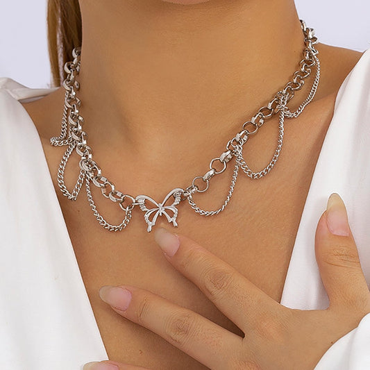 Jewelry Niche Design Sweet Cool Butterfly Pendant Necklace Metal Tassel Chain Punk Necklace